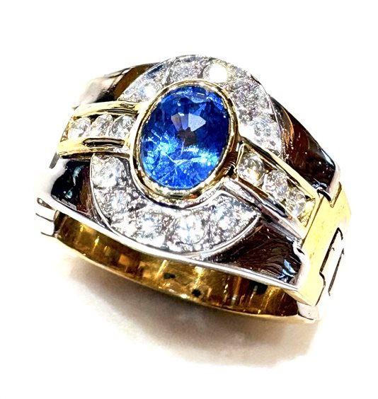 Ring Sommer Woman Anni '80 in Yellow Gold Zaffiro blu 0.92 Ct ZAF CT 0.92 DIA CT 0.25 VS/G - ZAF CT 0.92 DIA CT 0.25 VS/G